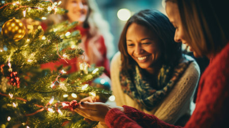 Two female friends decorate the Christmas tree at home. Generative AIの素材