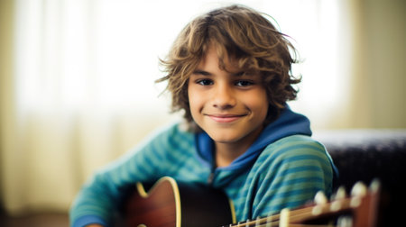 Little boy playing guitar. Generative AI.の素材
