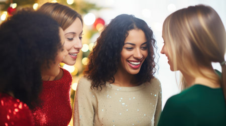 Group of girlfriends in front of the Christmas tree at home. Generative AIの素材