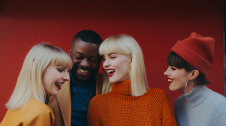 Group of friends having fun standing up. Generative AIの素材