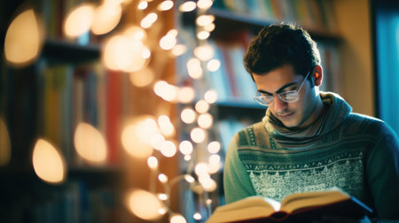 Young man reading a book. Generative AI.の素材