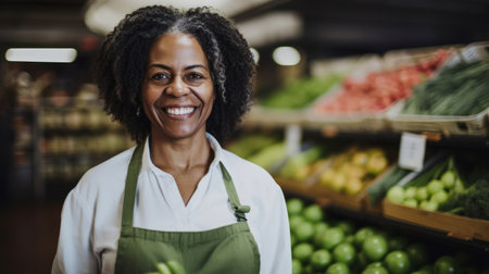 Female market employee posing in front of the fruit and vegetable aisle. Generative AIの素材