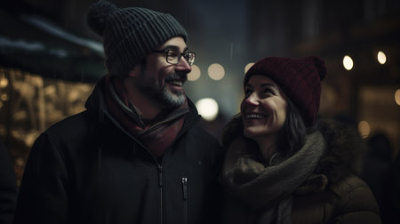 A couple on a festive street on New Year's Eve. Generative AIの素材