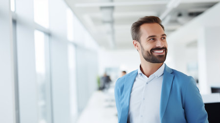 A business man, donning a blue suit and sporting a beard, exudes a warm smile, radiating confidence and approachability.. Generative AIの素材