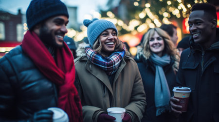 A group of friends having fun together on a lighted street one evening. Generative AIの素材