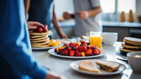 A family preparing breakfast in absolute, a photo focused on the table. Generative AI.の素材