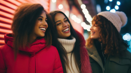 A group of friends having fun together on a lighted street one evening. Generative AIの素材