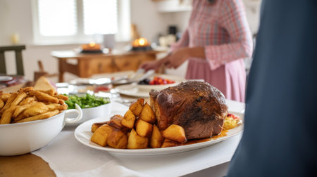 A family having Thanksgiving dinner together. Generative AI.の素材