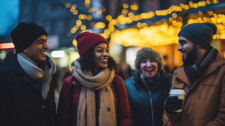 A group of friends having fun together on a lighted street one evening. Generative AIの素材