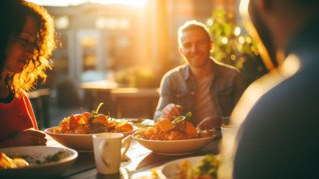 A group of friends at a dinner together. Generative AIの素材