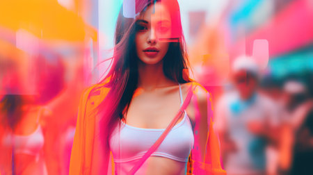 Close-up of a woman walking down a colorful and bustling street. Generative AIの素材