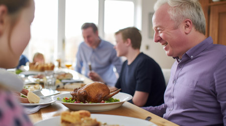 A family having Thanksgiving dinner together. Generative AI.の素材