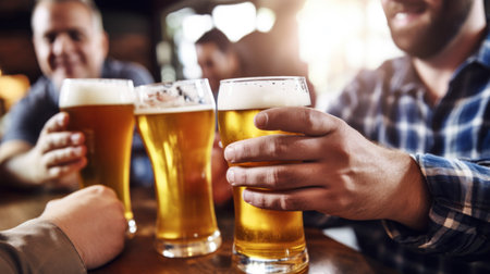 A group of beer-drinking friends having fun together in a bar. Generative AI.の素材
