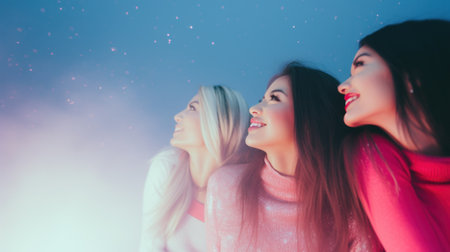 A group of girlfriends watching bright stars in the night sky. Generative AIの素材