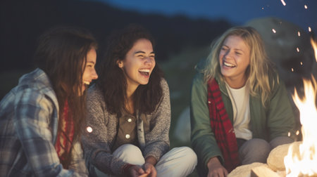 A group of friends having fun in front of a campfire. Generative AIの素材