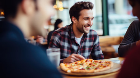 A group of friends eating pizza together. Generative AI.の素材