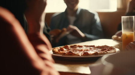 A group of friends eating pizza together. Generative AI.の素材