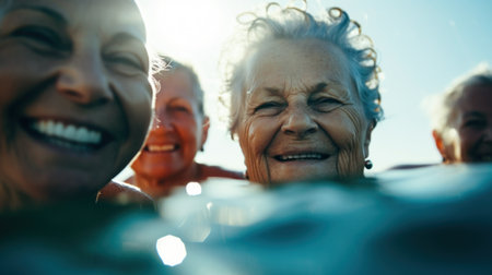 Group of elderly women friends all going into the sea together. Generative AI.の素材