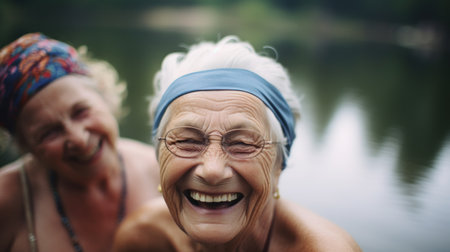 Group of elderly women friends all going into the sea together. Generative AI.の素材