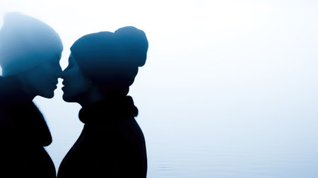 A couple getting close in front of a lake on a winter day. Generative AIの素材