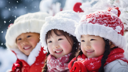 A group of children playing in the snow. Generative AIの素材