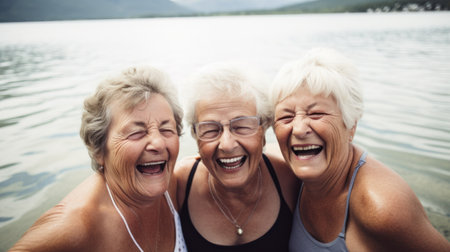 Group of elderly women friends all going into the sea together. Generative AI.の素材
