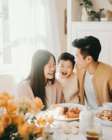 Happy Asian family having breakfast. Generative AIの素材