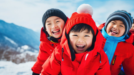 A group of children playing in the snow. Generative AIの素材