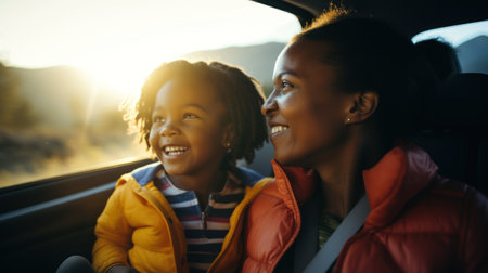 Mother and child traveling together in a car. Generative AIの素材