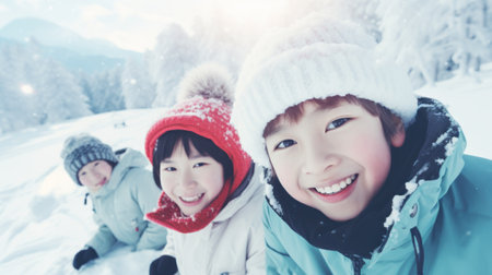 A group of children playing in the snow. Generative AIの素材