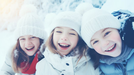 A group of children playing in the snow. Generative AIの素材