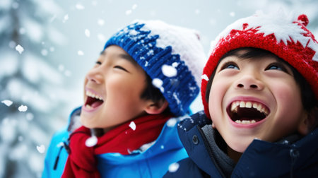 A group of children playing in the snow. Generative AIの素材