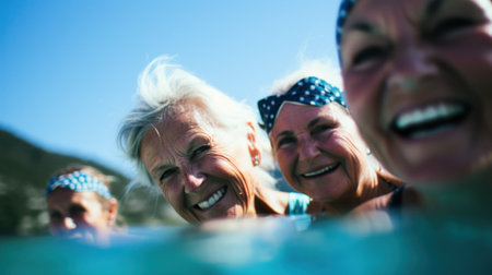 Group of elderly women friends all going into the sea together. Generative AI.の素材