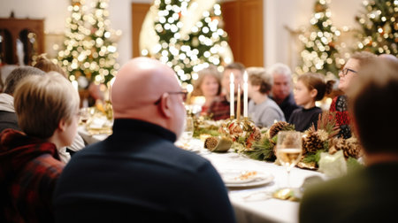 Family members sitting at a table gathered together for Christmas. Generative AI.の素材
