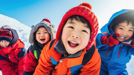 A group of children playing in the snow. Generative AIの素材