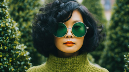 Asian girl with cool big glasses. Generative AI.の素材