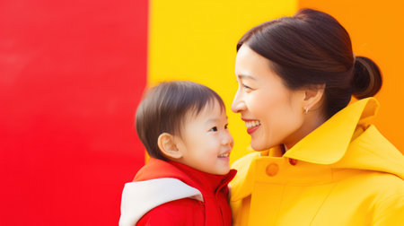 Asian mother and child at amusement park. Generative AIの素材