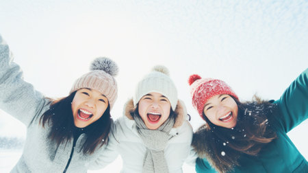 A group of female friends playing in the snow. Generative AIの素材