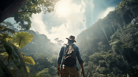 A man gazes at the sky in the dense jungle, captivated by the beauty of nature's vast expanse.. Generative AIの素材