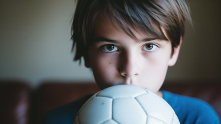 Little boy posing with a soccer ball. Generative AIの素材