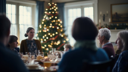 Family members sitting at a table gathered together for Christmas. Generative AI.の素材
