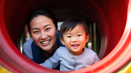 Asian mother and child at amusement park. Generative AIの素材