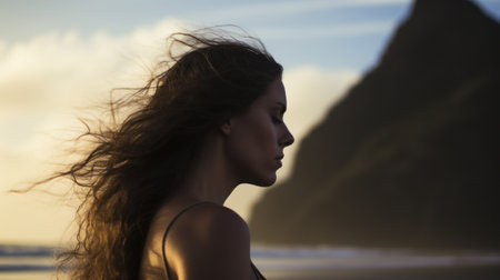 Young woman taking a walk on a beach. Generative AIの素材