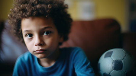 Little boy posing with a soccer ball. Generative AIの素材