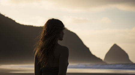 Young woman taking a walk on a beach. Generative AIの素材