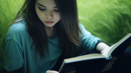 Asian girl reading a book by a quiet lake. Generative AIの素材