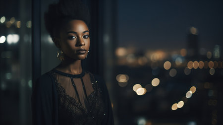 A captivating African young woman stands in front of a window at night, her beauty illuminated by the darkness.. Generative AIの素材