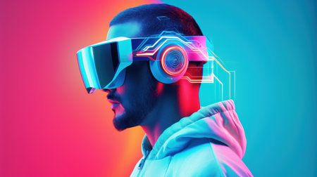 A person immersed in virtual reality, wearing a headset, exploring a digital realm.. Generative AIの素材