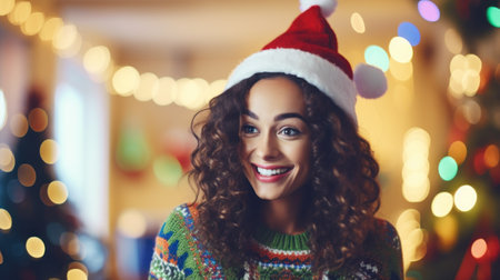 Young woman in a Christmas sweater and Santa hat. Generative AIの素材