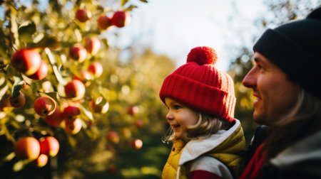 A little girl having fun with her father in an apple orchard. Generative AIの素材